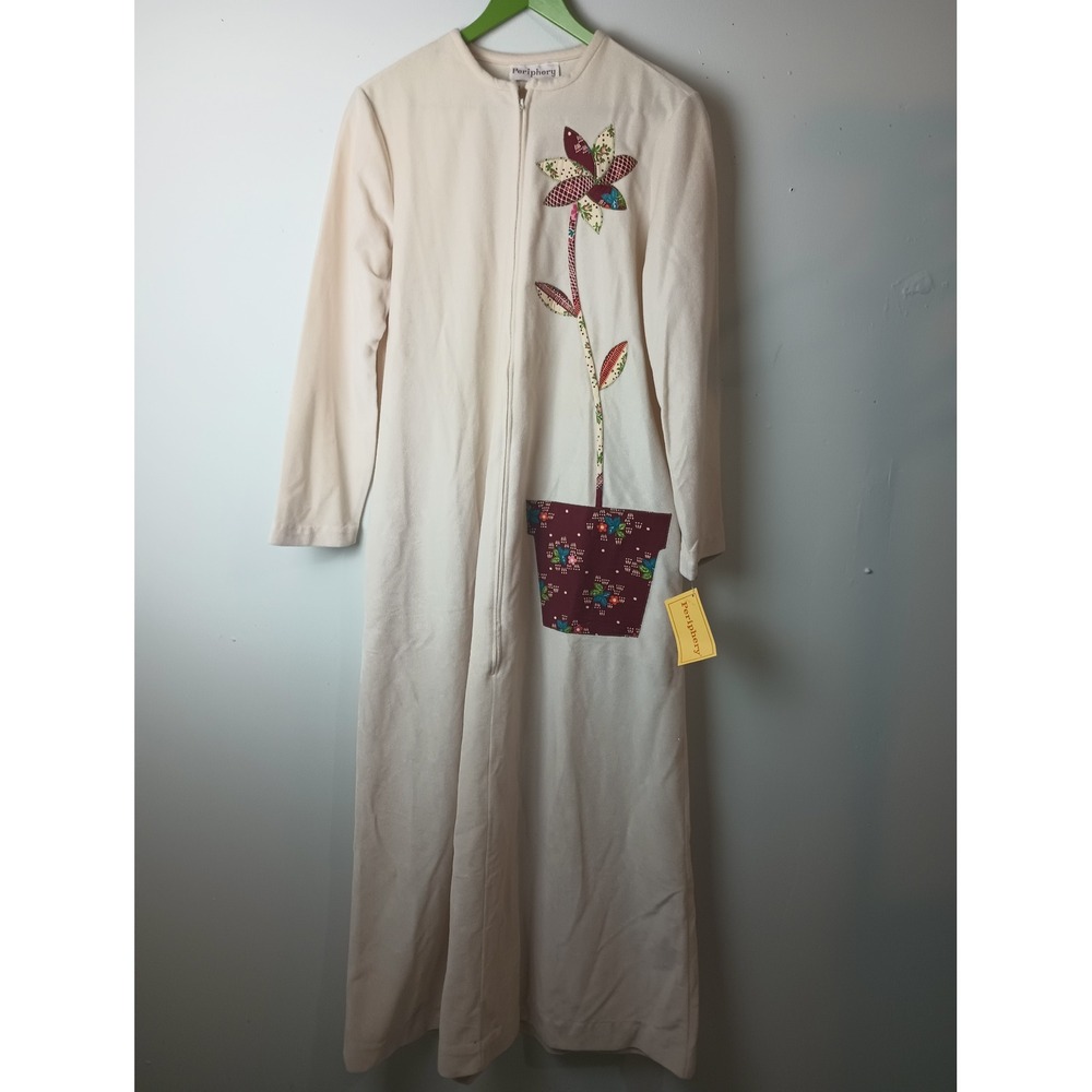 Vintage Periphery Cream Velour Zip Front Nightgown Robe Patchwork Flower Large